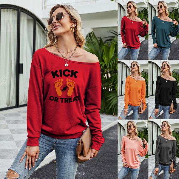 

2021 autumn slant shoulder women's drs halloween funny pattern printed loose long sleeve sweater for women, Black