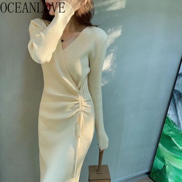 

casual dresses oceanlove knitting robe femme pleated v neck solid elegant autumn winter long for women 2021 vintage slim vestidos, Black;gray
