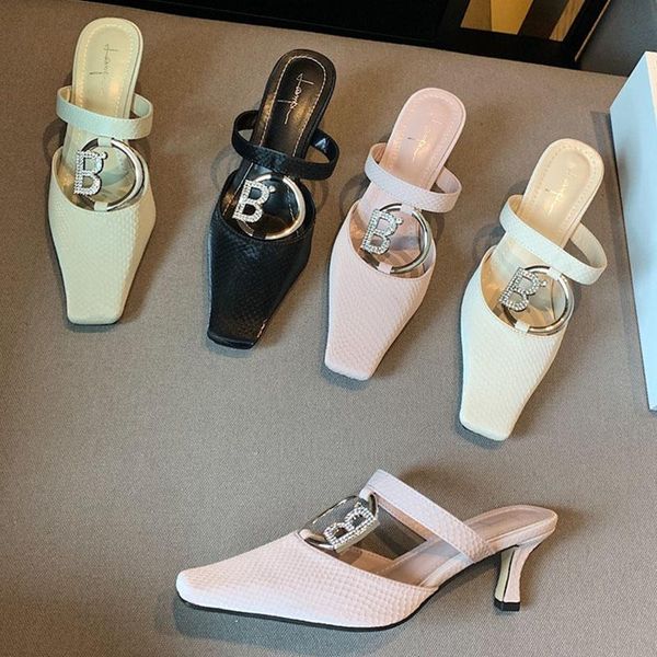 

2021 new brand rhinestone women slippers thin high heel slip on mules shoes ladies square toe casual outdoor slides sandal, Black
