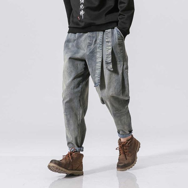 

and autumn winter 2021 men's washed worn loose jeans chine style casual large small leg pants wear, Blue
