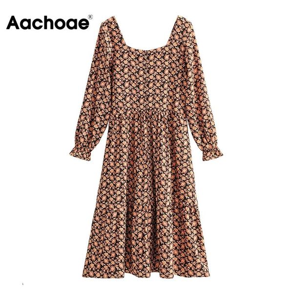 

aachoae woman floral print dress flare long sleeve elegant midi dress square neck lady vintage autumn boho sundress 2021, Black;gray
