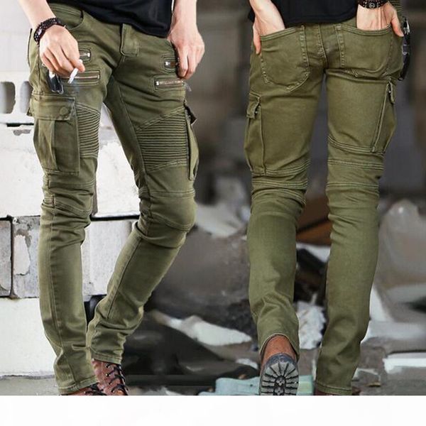 

wholesale-port& jeans men casual fashion men jeans solid color biker jeans army style slim skinny pants, Blue