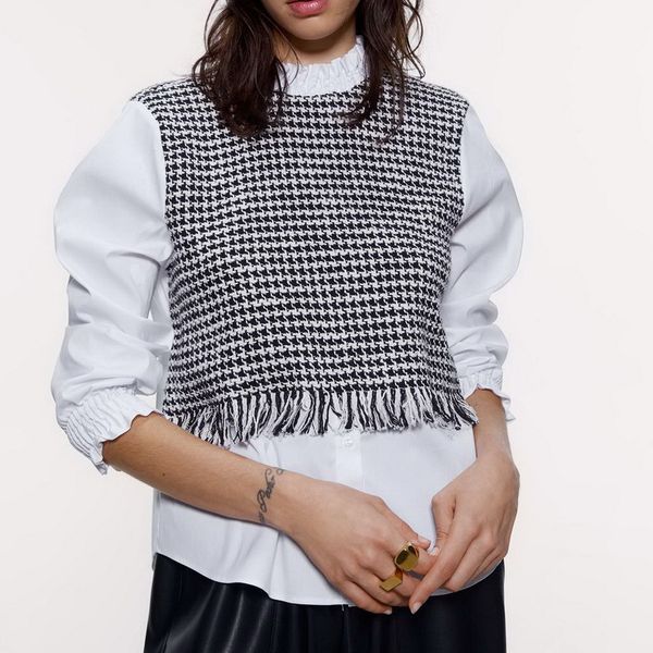 

2021 new fashion shirt tweed standard grille sarja stylish street style all-match ladies high-end ih52, Gray