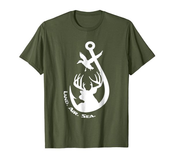 

awesome hunting and fishing tee deer, duck and fish hook, White;black