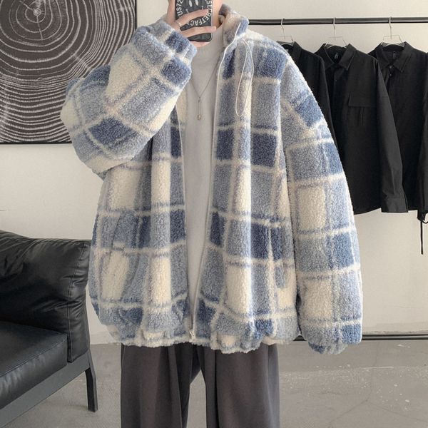 

2021 New Winter Padded Lamb Wool Jacket Casual Thick Plaid Cotton Men Streetwear Fashion Short Coat Mens Clothes M- Bqn0, Black