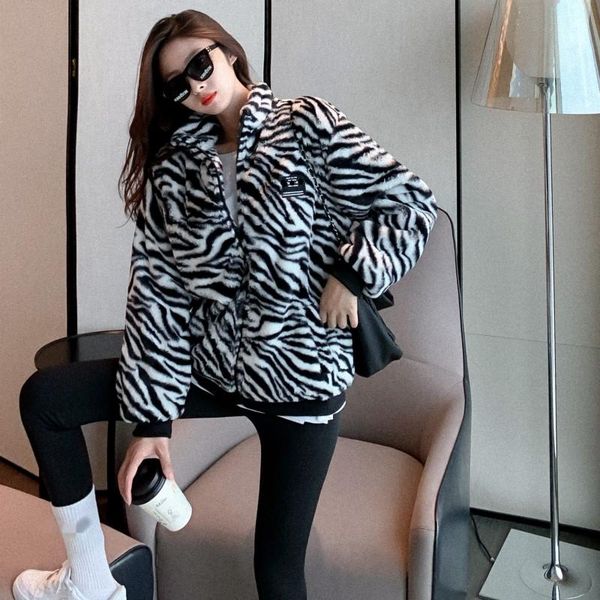 

women's jackets loose zebra print plush coat warm jacket, Black;brown