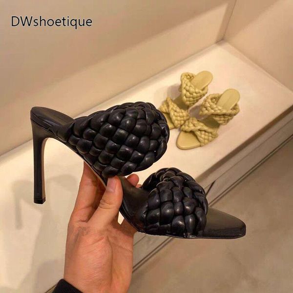 

slippers summer woven women slides pointed toe high heel slip on, Black