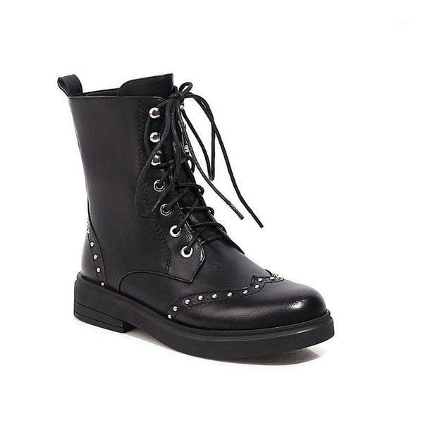 

boots 2021 casual round toe lace up ladies shoes quality pu leather ankle fashion square high heel women size 34-431, Black