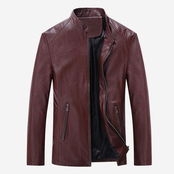 

new men's slim leather jacket with zipper front and vertical collar imitation leather coat, Black;brown