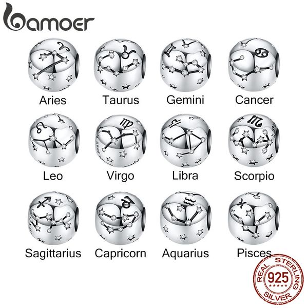 

bamoer 12 constellation zodiac round metal beads for women bracelet shining cz charm fit original silver 925 bangle scc1218 q0531, Black