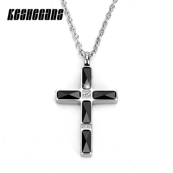 

pendant necklaces black white ceramic iced out rhinestone cross necklace religious fashion jewelry for women 40mm stainless chain gift, Silver