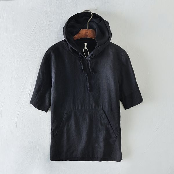 

2021 new design brand half sleeve linen hooded summer and autumn black sweatshirts men solid fashion flax hoodies male sudaderas 2q00