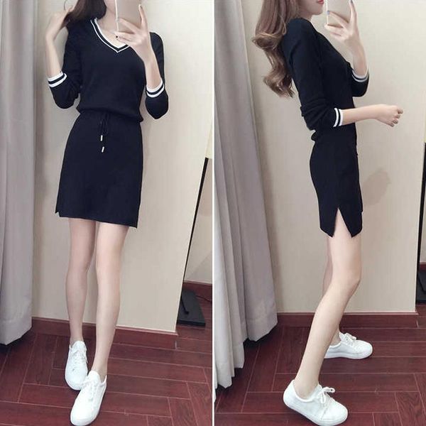 

casual dresses women autumn dress knittwear slim fit v-neck 3/5 sleeve knee-length female outfits 88, Black;gray