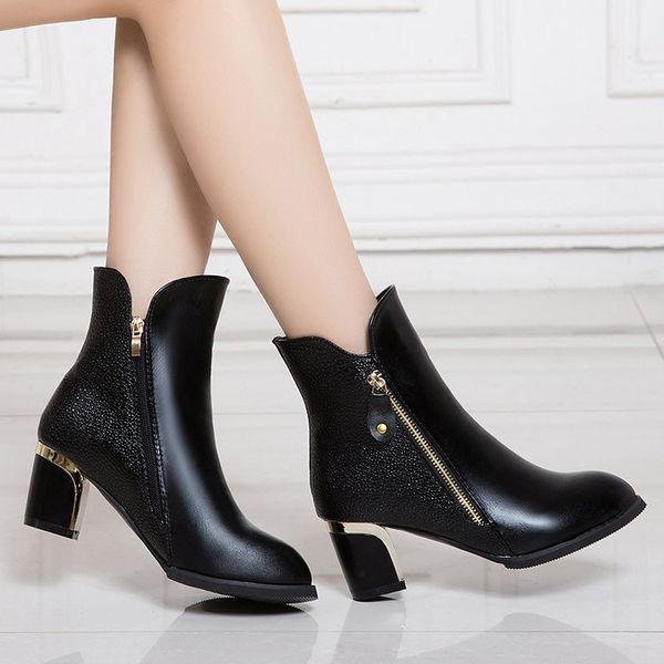 

fall martin boots pu mid barrel thick heel side zipper pointed leather, Black