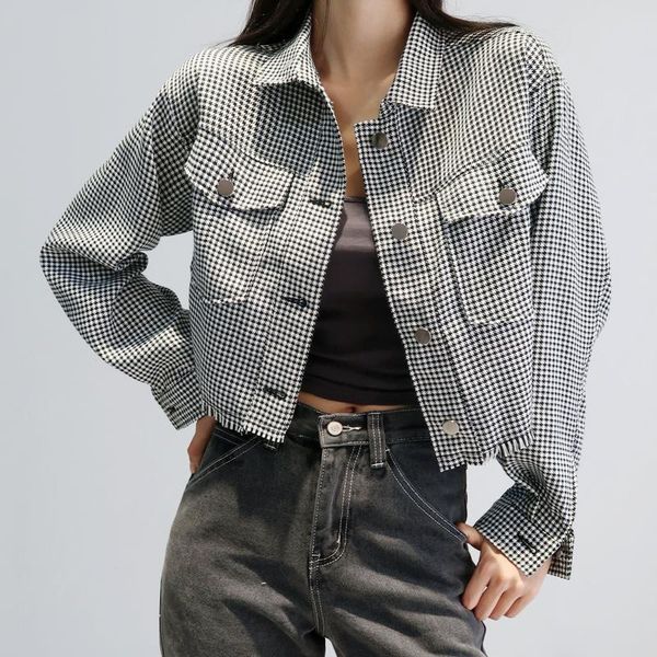

women spread collar cropped houndstooth jacket with hem shacket, Black;brown