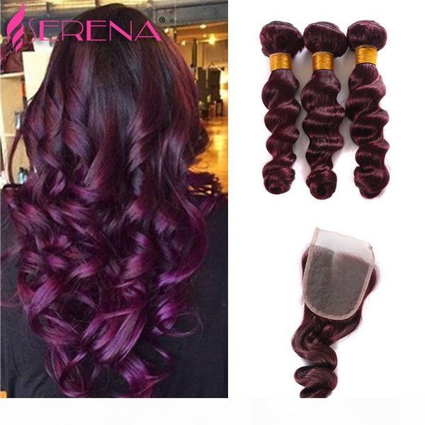 

burgundy loose wave brazilian human hair wefts with closure 99j wine red deep curly human hair 3bundles with 4x4 lace closure, Black;brown