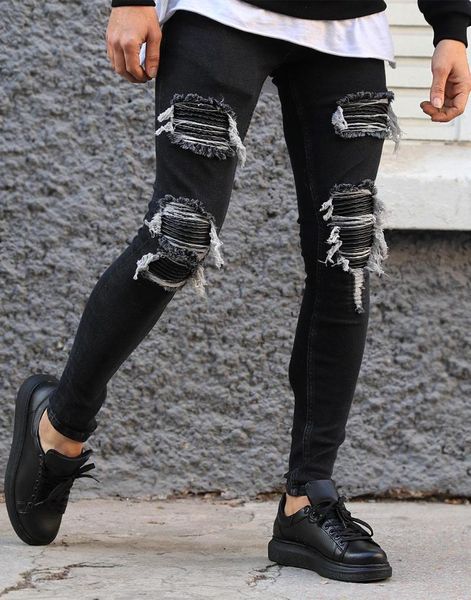 

premium double fold biker ripped skinny mens jeans - black, Blue