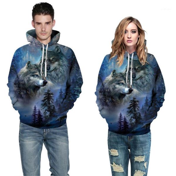 

men's hoodies & sweatshirts double wolf 3d digital printing hooded 2021 autumn/winter and women's sweaters set loose couple outfit, Black