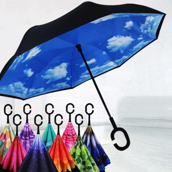 

wholesale special design inverted umbrellas with c handle double layer inside out windproof beach reverse folding sunny rainy umbrella