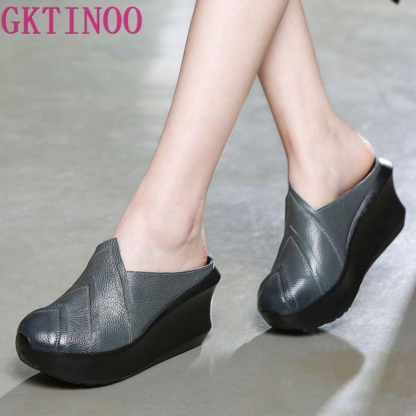 

slippers gktinoo 2021 genuine leather women 8 cm high heels wedges summer shoes platform retro handmade slipper, Black