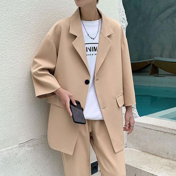

men's suits & blazers 2021 fashion suit three-quarter sleeves jacket ankle-length pant black khaki baggy casual streetwear summer cloth, White;black