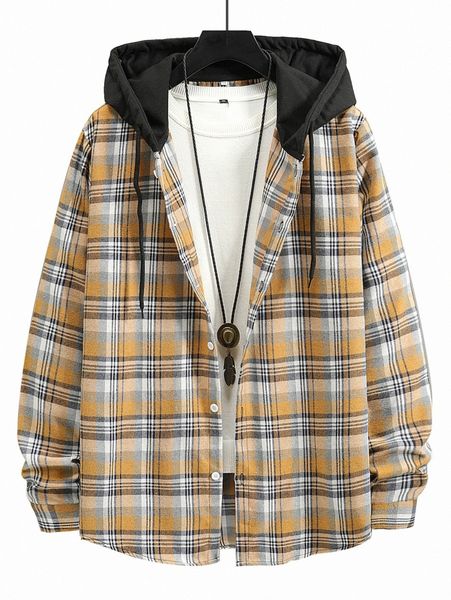

men plaid print drawstring hooded coat without tee l3yl#, Black;brown