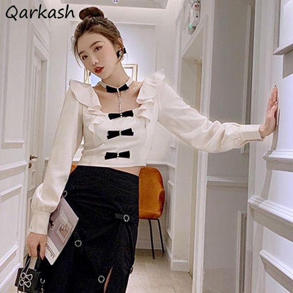 

women's blouses & shirts women creativity cropped slim elegant long sleeve patchwork spring all-match ladies clothing stylish korean st, White