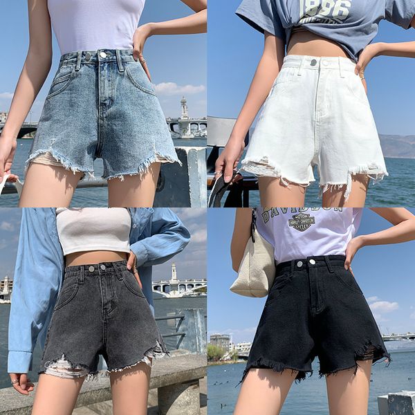 Hohe Taille, lockeres, weites Bein, Denim-Jeans-Shorts für Damen, Sommer, A-Linie, unregelmäßiges Temperament, wilde kurze Hosen