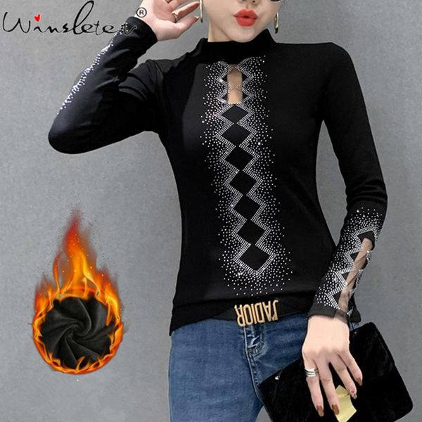 

fall winter korean style t-shirt hollow out turtleneck patchwork shiny dimonds women with fleece cotton tees t0n507a, White