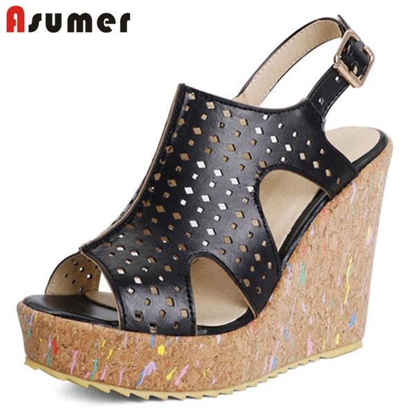 

sandals asumer 2021 big size 43 women peep toe buckle high heels wedges hollow out platform summer party shoes woman, Black