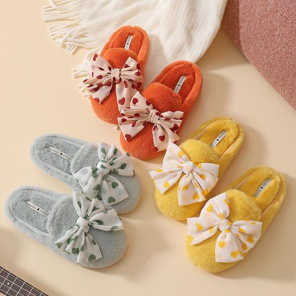 

2021 winter new knot-bow house women fur slippers warm plush bedroom flat ladies dots shoes non-slip chic ladies furry slides, Black