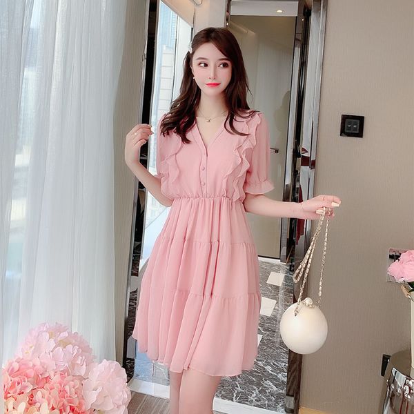 

2021 new summer women chiffon v-neck ruffles medium pink single breasted sweet ladies ins beige es bes1, Black;gray