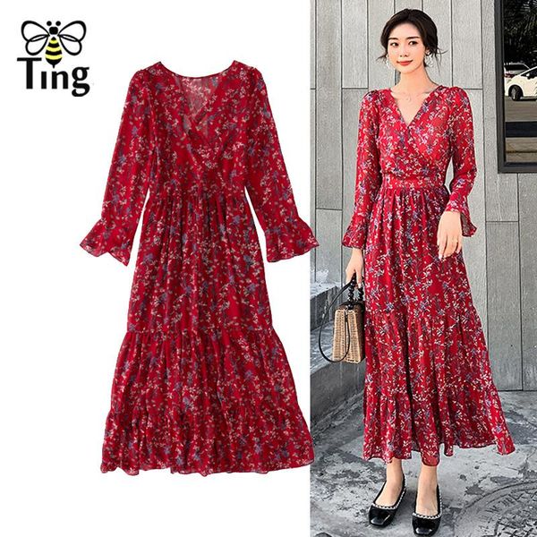 

casual dresses tingfly spring autumn floral boho midi dress sweatheart neckline flare full sleeve bohemian long vestidos women, Black;gray