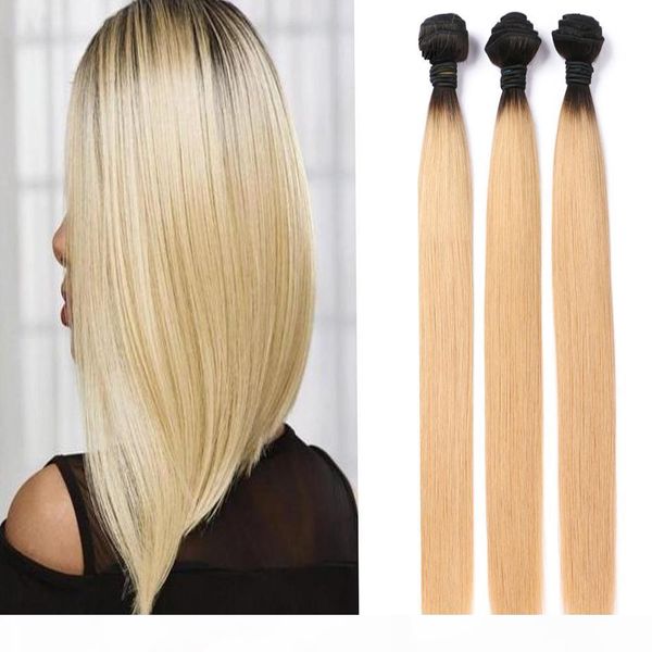 

7a straight human hair bundles ombre color t1b 613 10-30inch 3pcs lots dark blonde human hair weave, Black
