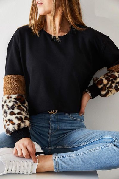 

women's hoodies & sweatshirts xhan women handle leopard garnili sweatshirt 9kxk8-43315-02, Black