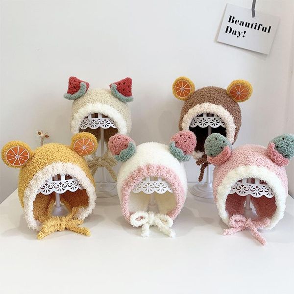 

caps & hats cute baby hat winter warm plush knitted ear warmer children bonnet boys girls cap beanie christmas cartoon fruit design, Yellow
