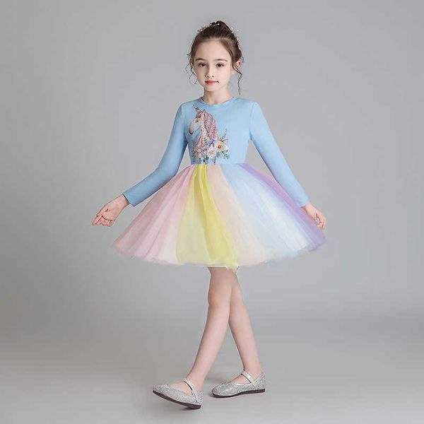 

fashion teenagers unicorn casual dress long sleeve fall winter tutu children gauze princess halloween party 210529, Red;yellow