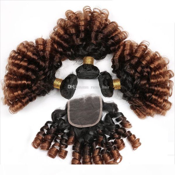 

romantic curl human hair weaves with lace closure loose wave three tone 1b 4 27 honey blonde brazilian virgin hair with lace closure, Black;brown