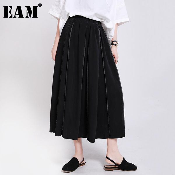 

eam] high elastic waist black line pleated split elegant half-body skirt women fashion tide new spring autumn 2021 1w743