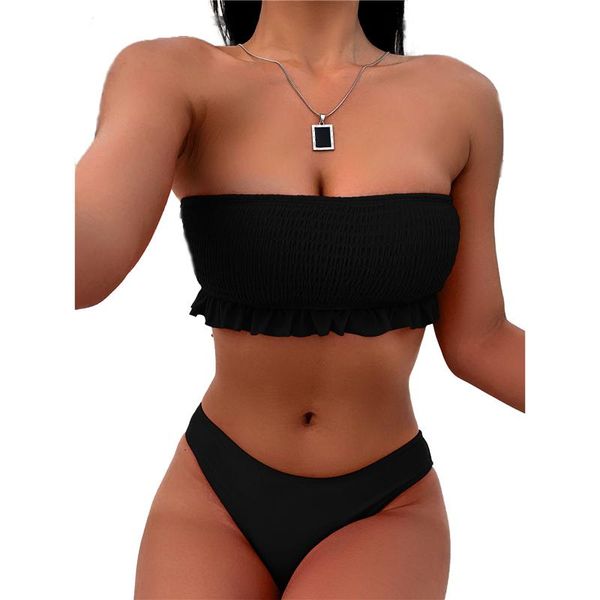 

2021 summer women swimsuit ruffle bikini patchwork flouncing off-shoulder sleeveless push up padded mid waist briefs bikinis, White;black