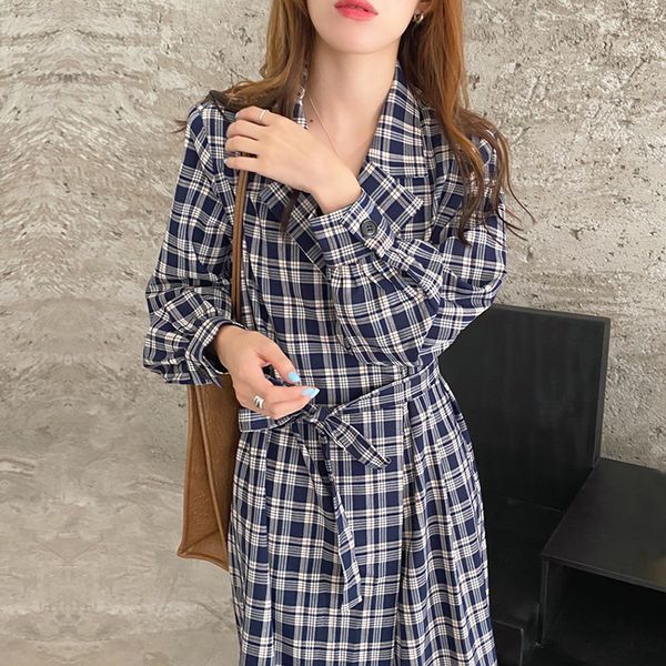 

plaid woman dress notched neck long sleeve clothing spring autumn korean fashion dresses a-line mid-calf dress 2021 new, Black;gray