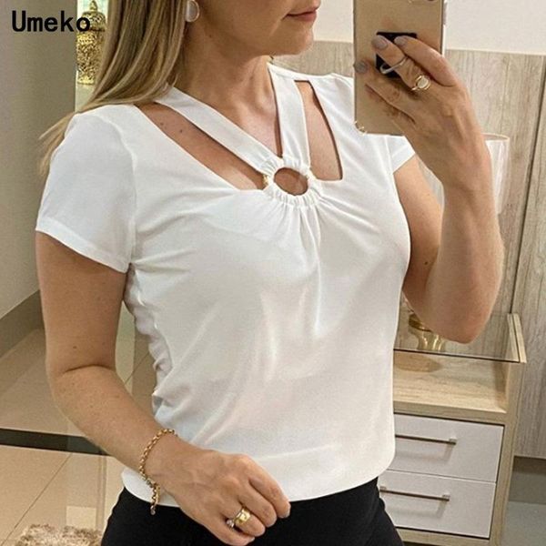 

women's t-shirt summer women solid color cross v-neck casual short sleeve streetwear harajuku tee shirt, White