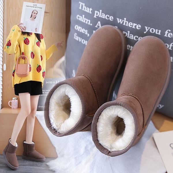 

boots women 2021 shoes winter footwear round toe australia plush flat heel low snow autumn fur rubber mid calf, Black