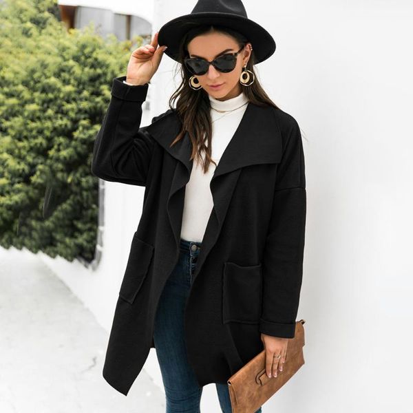 

women's wool & blends autumn and winter fashion women's solid color coat patchwork design lapel long-sleeved casual loose cardigan, Black