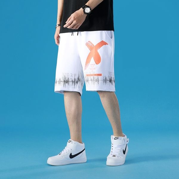 

2021 summer fashion ice feeling knitted printing elastic decoration men's loose tooling shorts, White;black
