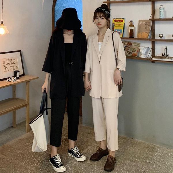 

2021 women spring summer fashion pants + loose coat two piece set female solid new suit blazer jacket casual elegant sets l313e69y, Gray