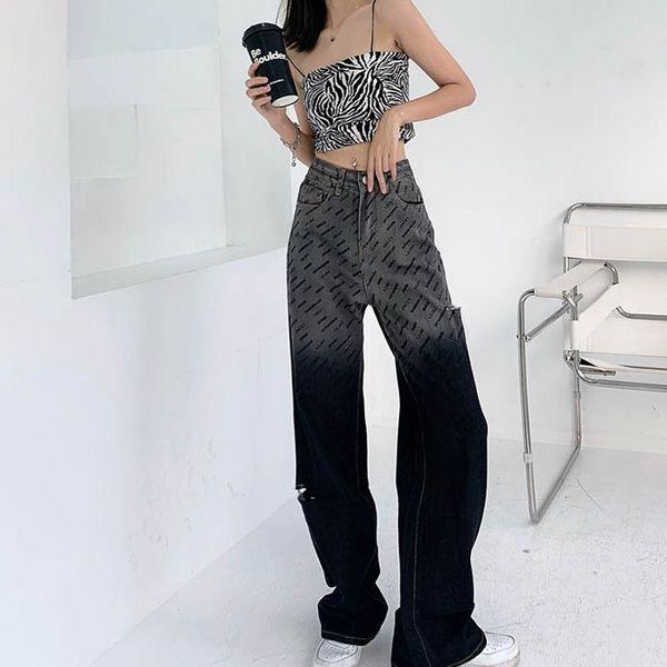 

women's jeans harajuku gradient ripped korean fashion letter print pants streetwear 2021 casual straight y2k, Blue