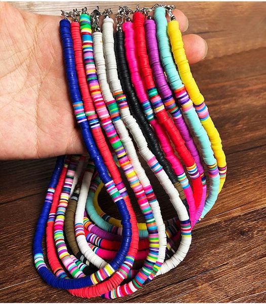 

chokers 6mm bohemian summer handmade clay necklace for women beach colorful soft pottery adjustable boho jewelry, Golden;silver