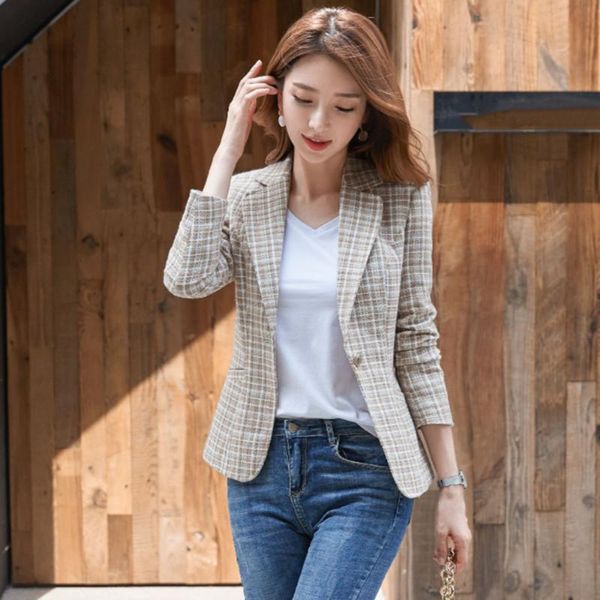 

women's suits & blazers women elegant plaid blazer long sleeve outerwear single button slim checked coat formal office lady work pink j, White;black
