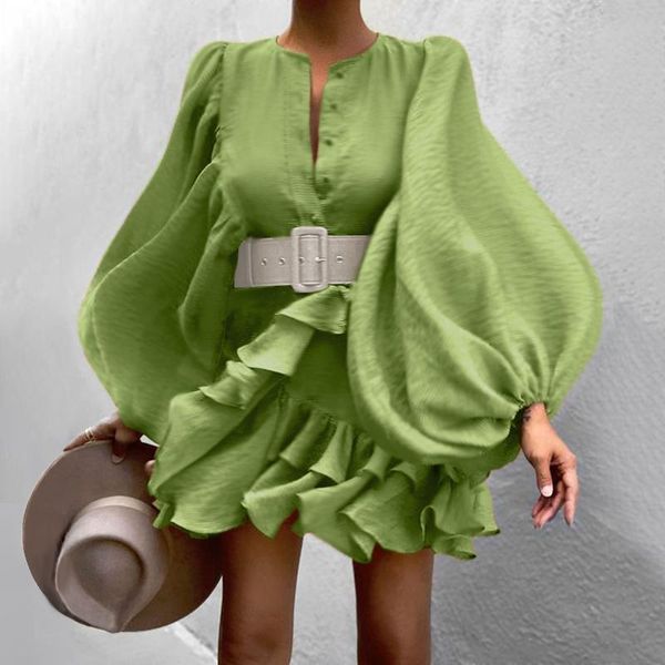

casual dresses 2022 women bohemian dress spring puff sleeve ruffle mini vestido oversized solid a-line holiday party robe, Black;gray